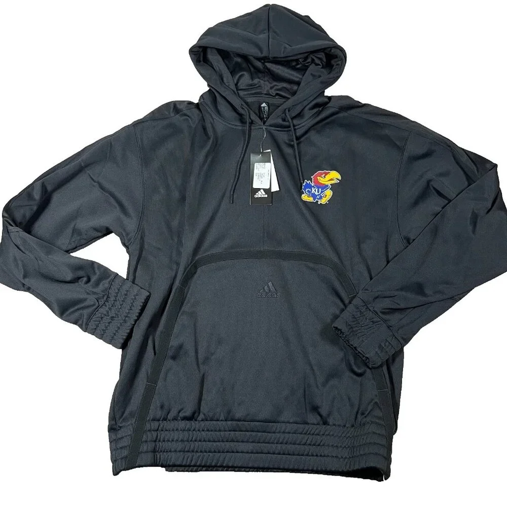 Adidas Mens Medium Black Kansas‎ Jayhawks Logo Long Sleeve Pullover Hoodie NWT